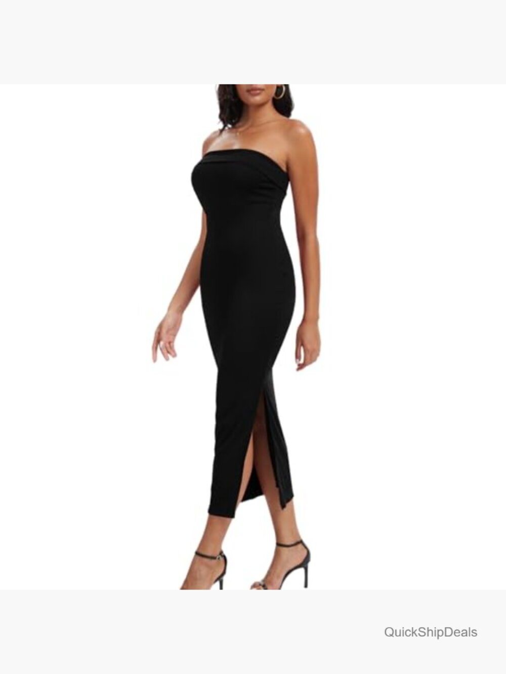 Ribbed Knitted Fabric Maxi Bodycon Tube Dress Strapless Side Slit Formal Party - Picture 4 of 7